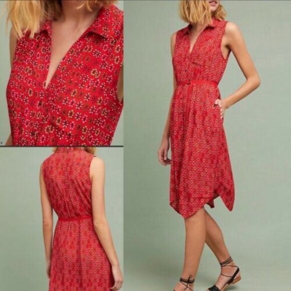 ANTHROPOLOGIE Maeve Daisy Dress 4 Red Floral Midi